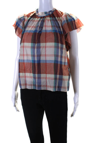 Birds of Paradis Womens Short Sleeve Crew Neck Plaid Top Orange White Size XS