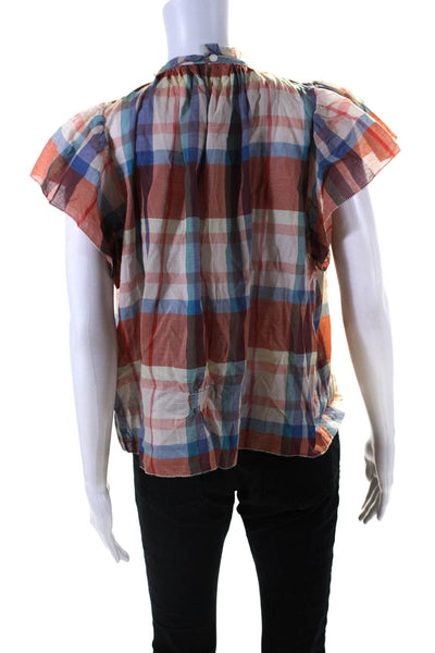 Birds of Paradis Womens Short Sleeve Crew Neck Plaid Top Orange White Size XS