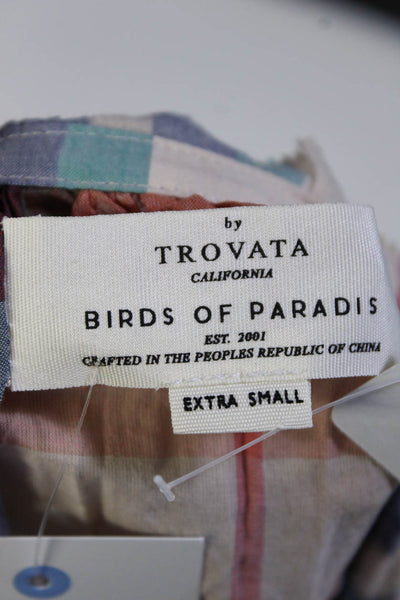 Birds of Paradis Womens Short Sleeve Crew Neck Plaid Top Orange White Size XS