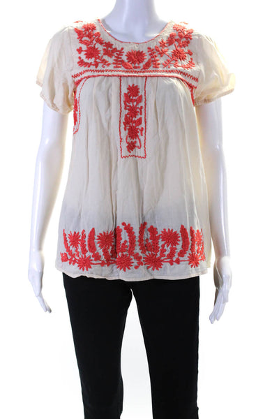 Calypso Saint Barth Womens Floral Embroidered Scoop Neck Top White Orange XS