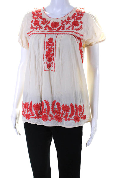 Calypso Saint Barth Womens Floral Embroidered Scoop Neck Top White Orange XS