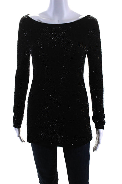 Alice + Olivia Womens Rhinestone Embellished Boat Neck Tunic Top Black Size S