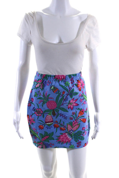 Manuel Canovas Womens Cotton Floral Print Elastic Waist Skirt Blue Size 10