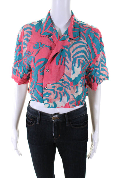 Double Rainbouu Womens Button Front Leaf Cropped Shirt Pink Green Size Medium