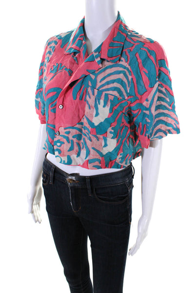 Double Rainbouu Womens Button Front Leaf Cropped Shirt Pink Green Size Medium