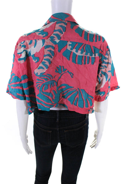 Double Rainbouu Womens Button Front Leaf Cropped Shirt Pink Green Size Medium