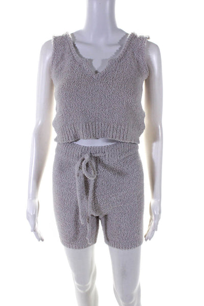 NIA Womens V Neck Fuzzy Knit Crop Top Short Shorts Set Off White Size XS