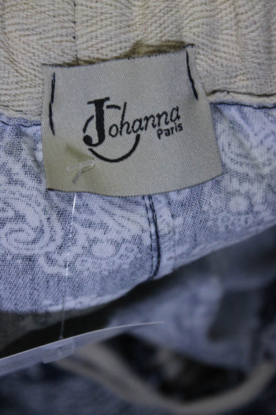Johanna Paris Womens High Rise Drawstring Bandana Print Pants Blue White Small