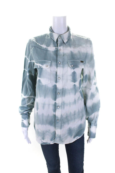 Acquaverde Womens Tie Dye Print Button Down Blouse Blue White Cotton Size Small