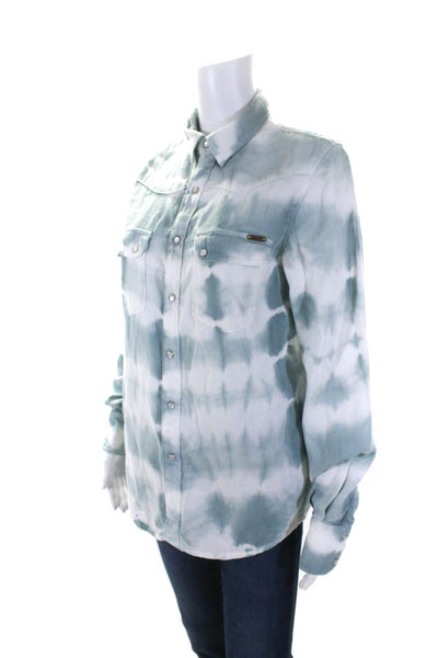 Acquaverde Womens Tie Dye Print Button Down Blouse Blue White Cotton Size Small