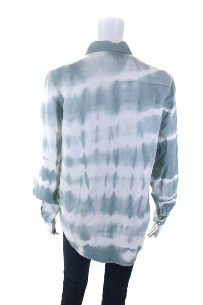 Acquaverde Womens Tie Dye Print Button Down Blouse Blue White Cotton Size Small