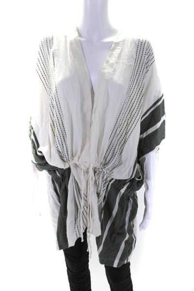 SU Luxury Resort Wear Womens Cotton Striped Print Drawstring Blouse White Size M