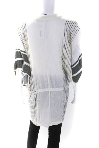 SU Luxury Resort Wear Womens Cotton Striped Print Drawstring Blouse White Size M