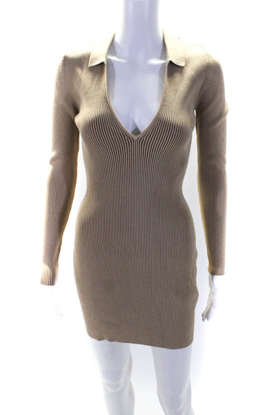 Ser.O.Ya Women's Collared Long Sleeves Bodycon Sweater Mini Dress Beige Size M