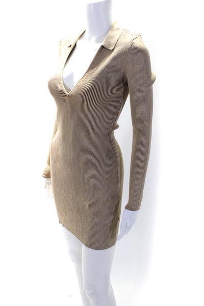 Ser.O.Ya Women's Collared Long Sleeves Bodycon Sweater Mini Dress Beige Size M