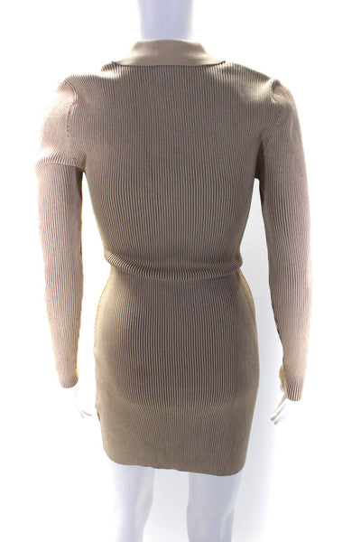 Ser.O.Ya Women's Collared Long Sleeves Bodycon Sweater Mini Dress Beige Size M