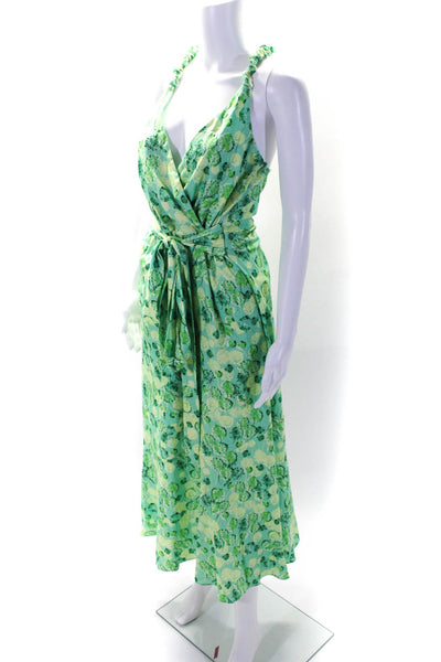 Liquorish Women's V-Neck Sleeveless Tie Waist Maxi Dress Green Floral Size 6