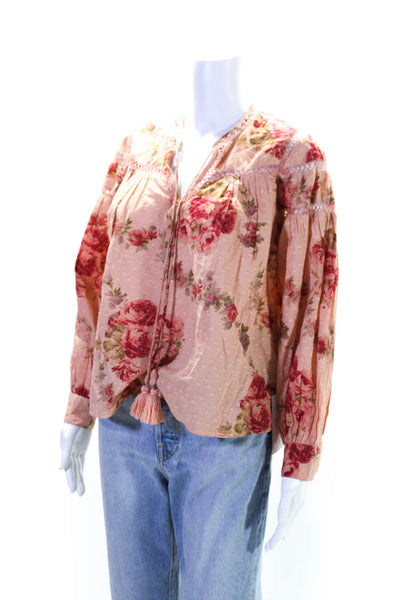 Love Shack Fancy Womedns Floral Print Blouse Pink Red Size Extra Small