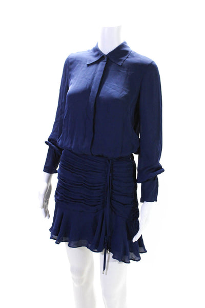 Ramy Brook Womens Silk Long Sleeves Ruched Dress Navy Blue Size Extra Small