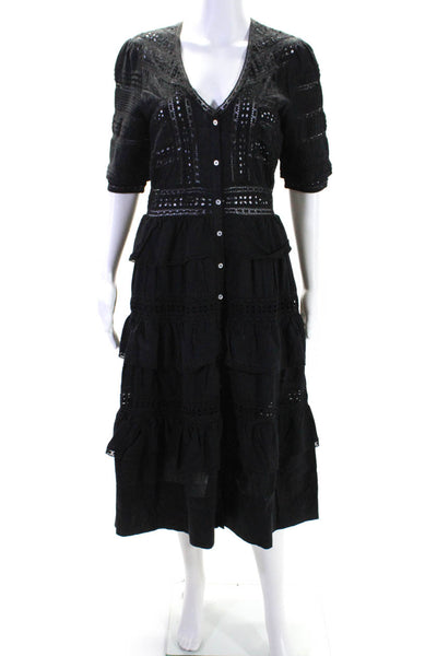 Love Shack Fancy Womens Eyelet Button Down A Line Dress Black Size Small