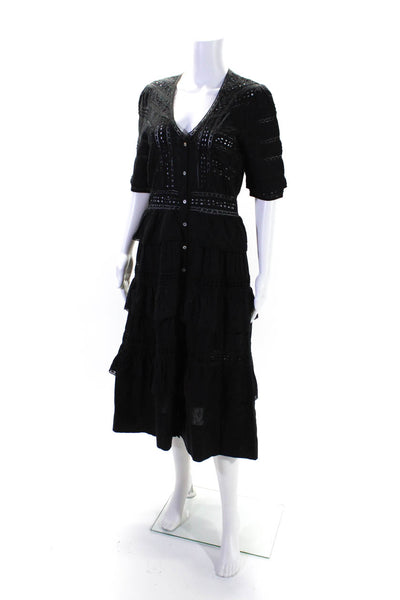 Love Shack Fancy Womens Eyelet Button Down A Line Dress Black Size Small