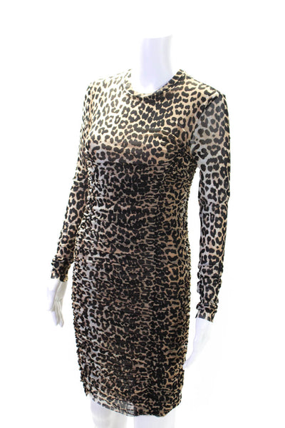 Ganni  Womens Animal Print Ruched Body Con Dress Brown Black Size EUR 34