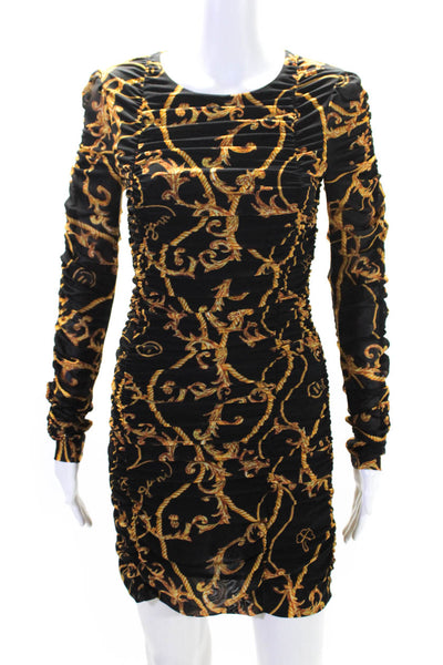 Ganni Womens Printed Ruched Body Con Dress Black Gold Size EUR 34