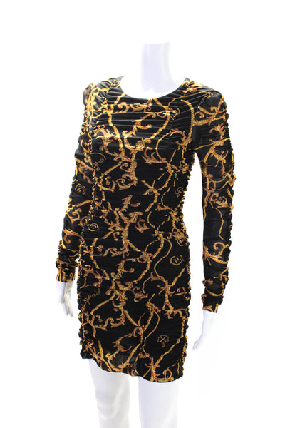Ganni Womens Printed Ruched Body Con Dress Black Gold Size EUR 34