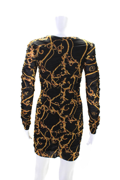 Ganni Womens Printed Ruched Body Con Dress Black Gold Size EUR 34