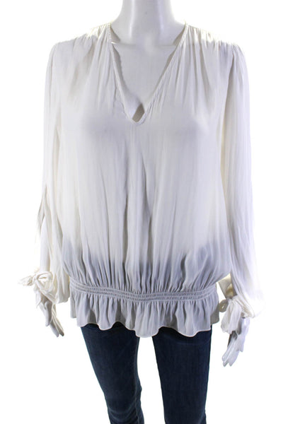 Ramy Brook Womens Long Sleeves Elastic Waist V Neck Blouse White Size Medium