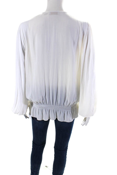 Ramy Brook Womens Long Sleeves Elastic Waist V Neck Blouse White Size Medium