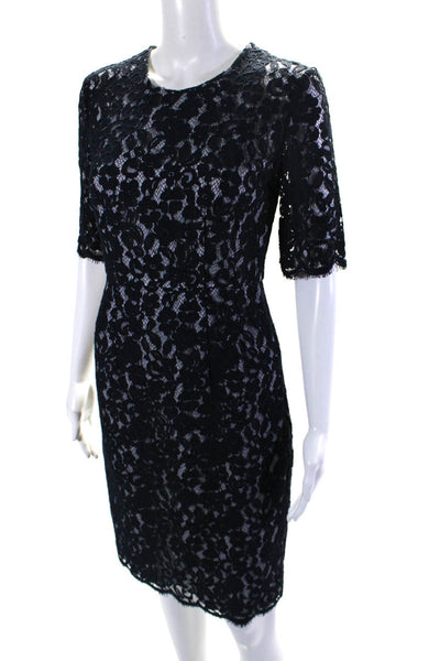 L.K. Bennett Womens Short Sleeve Lace Knee Length Sheath Dress Navy Size 4