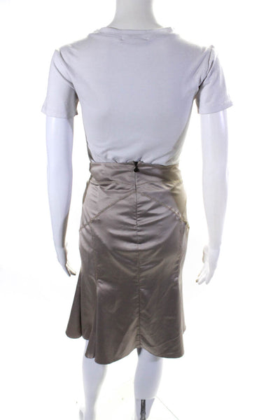Just Cavalli Womens Stretch Satin Top Stitched Zip Up Flared Skirt Beige Size 44