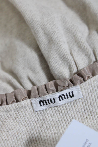 Miu Miu Womens Ruffle Trim Ribbed Knit A Line Tank Top Blouse Beige Size Small