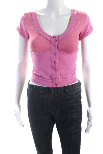 Catherine Malandrino Womens Chiffon Jersey Scoop Neck Snap Top Blouse Pink Small