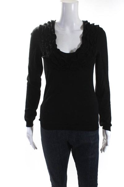 Valentino Womens Scoop Neck Ruffle Thin Knit Sweater Black Wool Size Medium