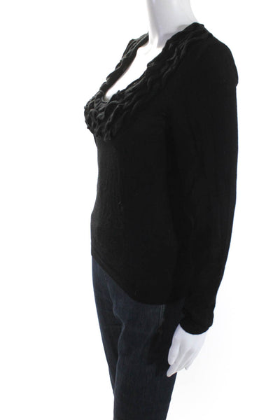 Valentino Womens Scoop Neck Ruffle Thin Knit Sweater Black Wool Size Medium