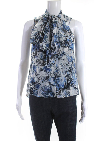 Erdem Womens Pussycat Bow Floral Sleeveless Top Blouse Blue White Silk Size 4