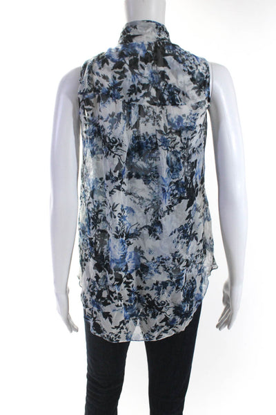 Erdem Womens Pussycat Bow Floral Sleeveless Top Blouse Blue White Silk Size 4