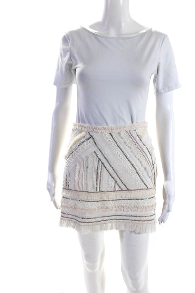 Club Monaco Womens Beaded Embroidered Ruffle Mini Skirt Pink White Size 2