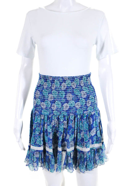 Sunday Saint Tropez Womens Smocked Waistband Floral Tiered Silk Skirt Blue Small