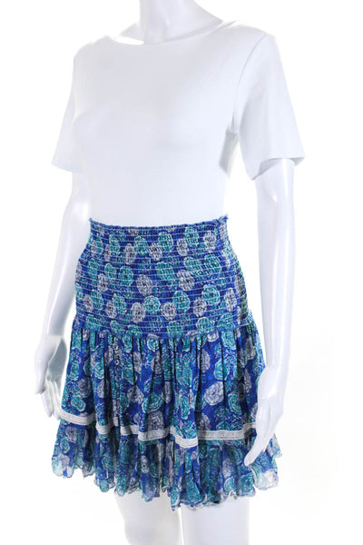 Sunday Saint Tropez Womens Smocked Waistband Floral Tiered Silk Skirt Blue Small