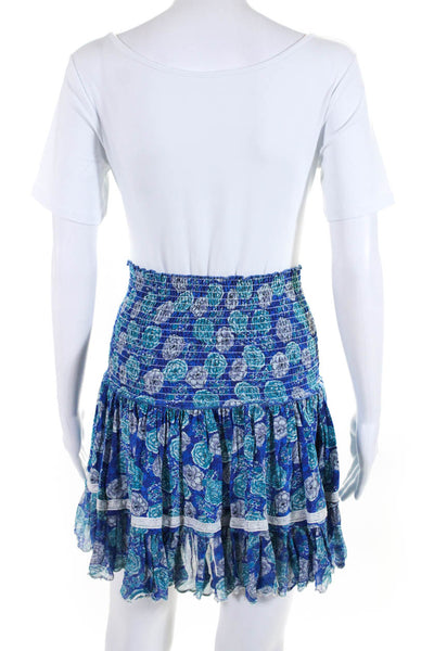 Sunday Saint Tropez Womens Smocked Waistband Floral Tiered Silk Skirt Blue Small