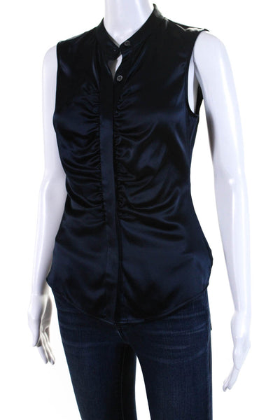 Theory Womens Button Front Sleeveless Ruched Silk Top Navy Blue Size Petite