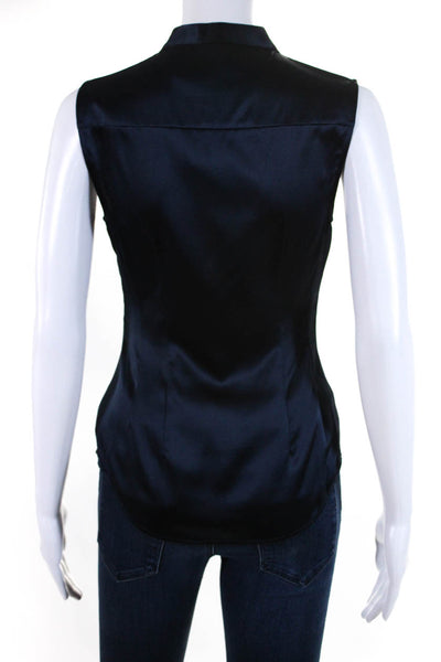 Theory Womens Button Front Sleeveless Ruched Silk Top Navy Blue Size Petite