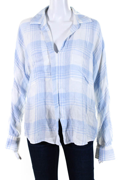 Vince Womens Woven Plaid Collared Button Up Blouse Top Blue White Size S