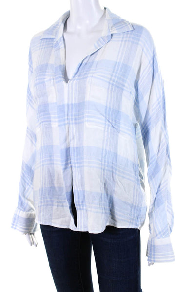 Vince Womens Woven Plaid Collared Button Up Blouse Top Blue White Size S