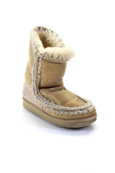 Mou Womens Metallic Suede Shearling Top Stitched Winter Boots Beige Size 6