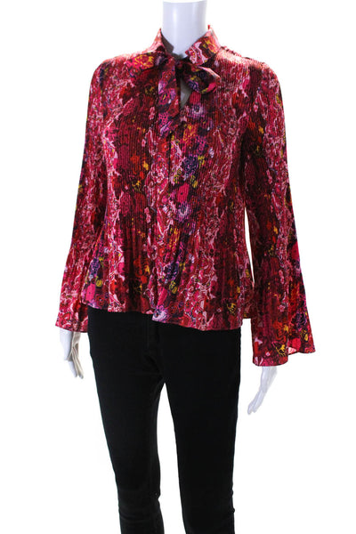Derek Lam 10 Crosby Womens Floral Printed Pleated Collared Blouse Top Red Size 0
