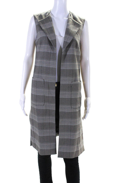 Calvin Klein Womens Sleeveless Open Front Long Glen Plaid Jacket Gray Size 4